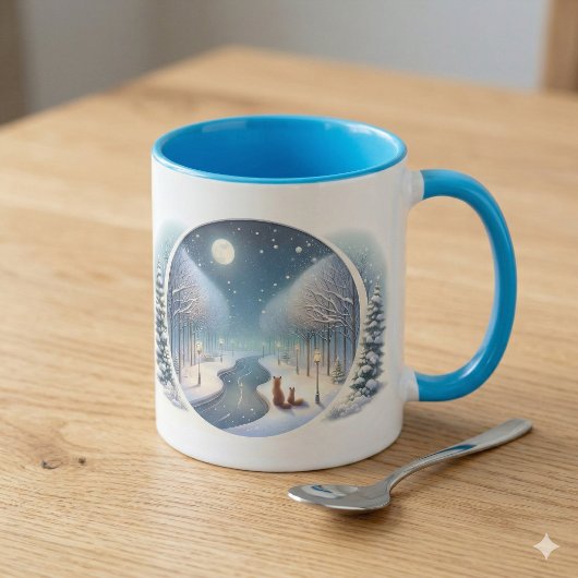 月明かりに照らされた雪の川の冬の狐たち マグカップ