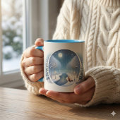 月明かりに照らされた雪の川の冬の狐たち マグカップ