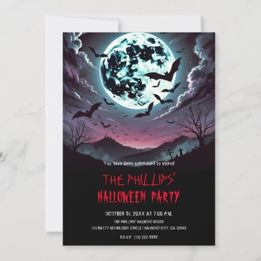月明かりに舞う墓場のコウモリ ハロウィンパーティー 招待状 (正面)