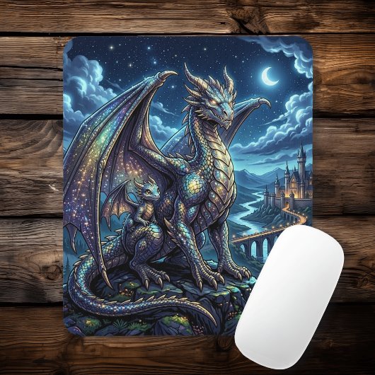 月明かりに輝く天空のドラゴンと城 マウスパッド