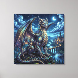 月明かりに輝く天空の親子のドラゴン   キャンバスプリント