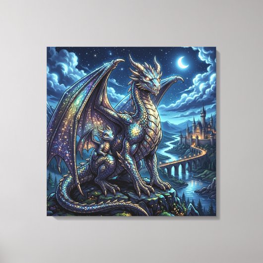 月明かりに輝く天空の親子のドラゴン   キャンバスプリント (正面)
