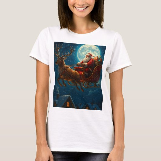 月明かりのそり遊び：サンタの魔法の旅 Tシャツ (正面)