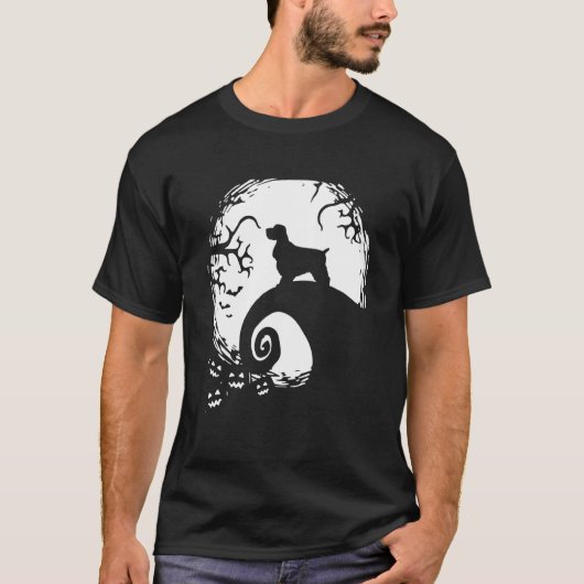月明かりのハロウィンのコッカー・スパニエル 怖い Tシャツ (正面)