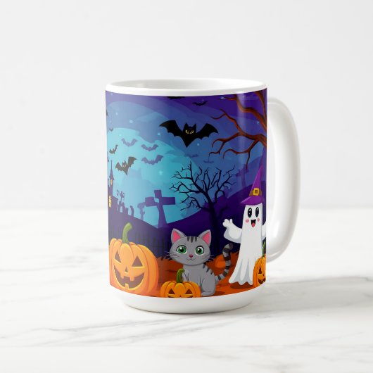 月明かりのハロウィーンシーンとカボチャ 🏚️ コーヒーマグカップ (正面右)