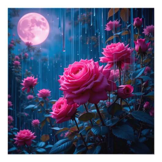月明かりのピンクのバラの雨の写真プリント壁飾り フォトプリント (正面)