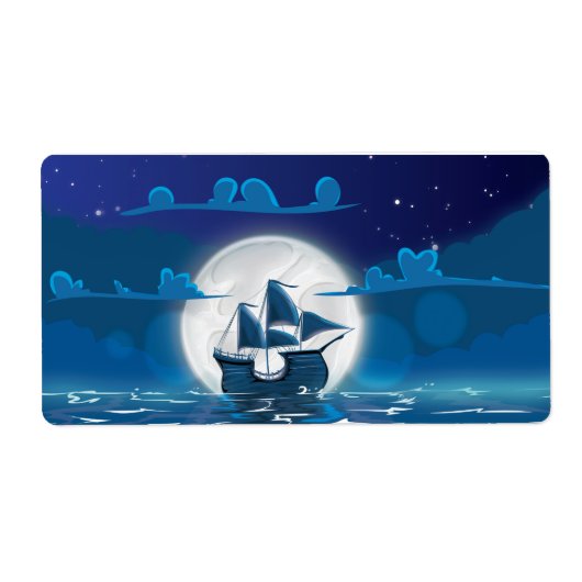 月明かりの下での木製セイル船の航海 ラベル (正面)