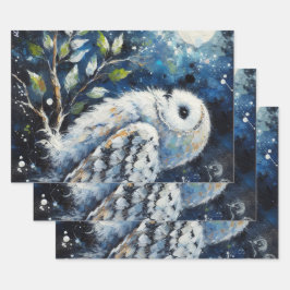 月明かりの下で枝に白いフクロウ ラッピングペーパーシート