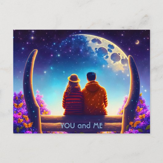 月明かりの下のベンチに座っている友人や恋人 ポストカード (正面)