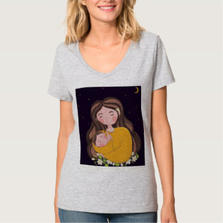 月明かりの下の母と赤ちゃん デジタルアートT- Tシャツ