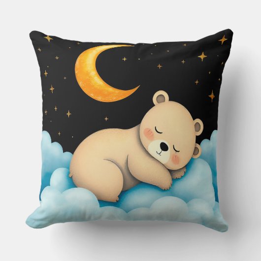 月明かりの下雲の上で眠る愛らしい熊 クッション (正面)