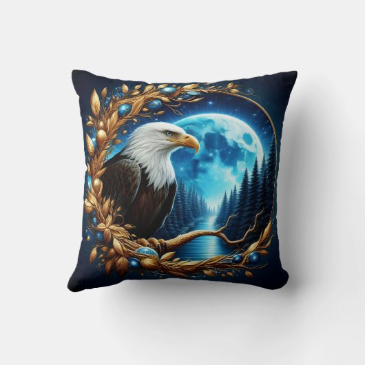 月明かりの下、木の枝に止まったワシ クッション (裏面)