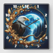 月明かりの下、木の枝に止まったワシ スクエア壁時計 (正面)