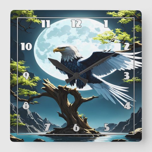 月明かりの下、木の枝に止まったワシ スクエア壁時計 (正面)