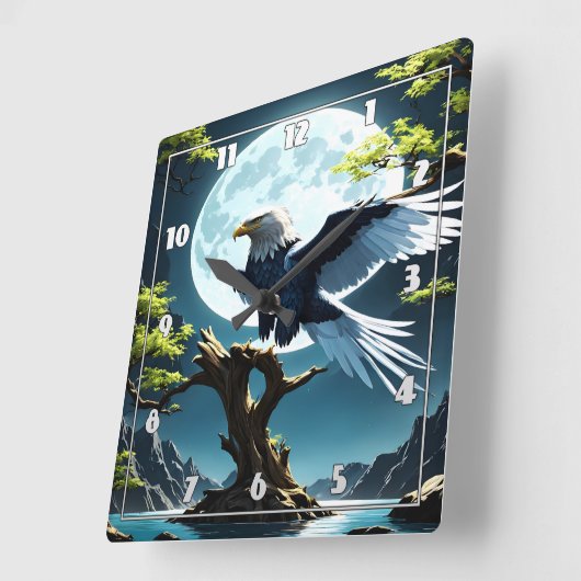 月明かりの下、木の枝に止まったワシ スクエア壁時計 (傾斜)