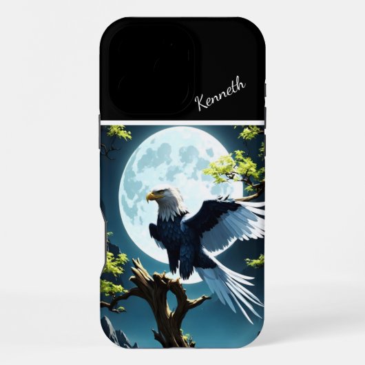 月明かりの下、木の枝に止まったワシ iPhoneケース (裏面)