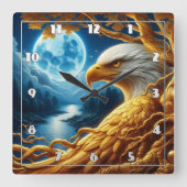 月明かりの下、枝に休むワシ スクエア壁時計 (正面)