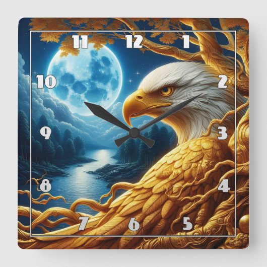 月明かりの下、枝に休むワシ スクエア壁時計 (正面)