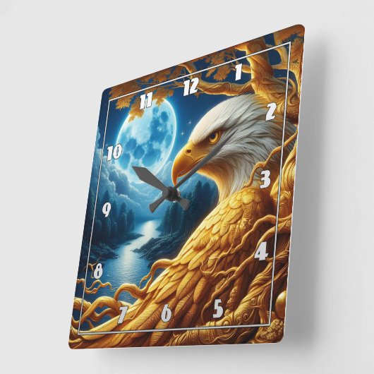 月明かりの下、枝に休むワシ スクエア壁時計 (傾斜)