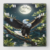 月明かりの下、枝に広がるワシ スクエア壁時計 (正面)