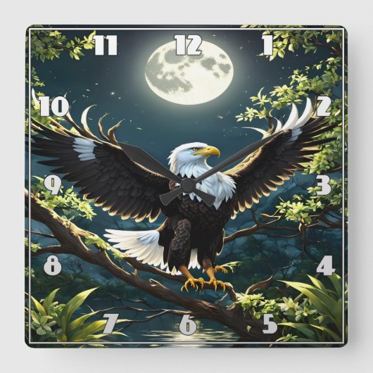 月明かりの下、枝に広がるワシ スクエア壁時計 (正面)