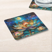 月明かりの中でステンドグラス蓮が花 スクエアペーパーコースター (アングル)