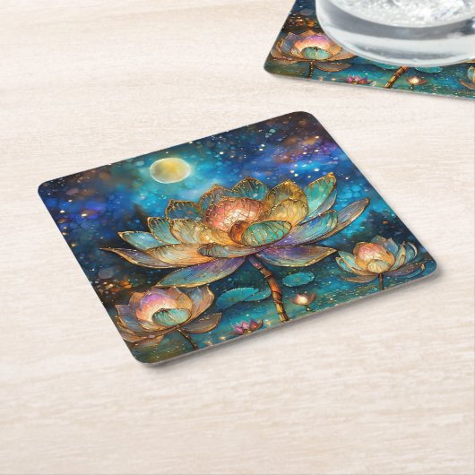 月明かりの中でステンドグラス蓮が花 スクエアペーパーコースター (アングル)