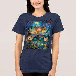 月明かりの中でステンドグラス蓮が花 トライブレンドTシャツ