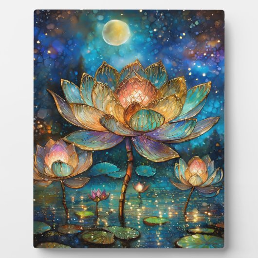 月明かりの中でステンドグラス蓮が花 フォトプラーク (正面)