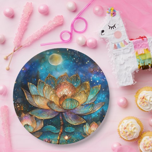 月明かりの中でステンドグラス蓮が花 ペーパープレート (パーティー)