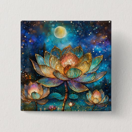月明かりの中でステンドグラス蓮が花 缶バッジ (正面)