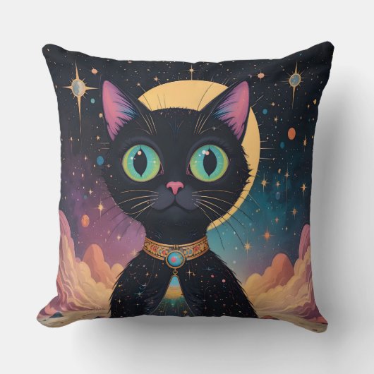 月明かりの中で暮らす原子未来的な宇宙黒猫 クッション (正面)