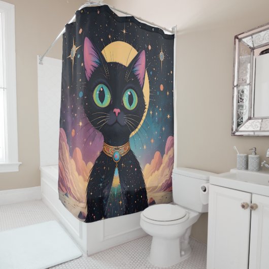 月明かりの中で暮らす原子未来的な宇宙黒猫 シャワーカーテン (インサイチュ)