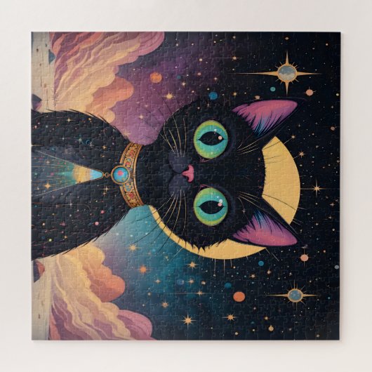 月明かりの中で暮らす原子未来的な宇宙黒猫 ジグソーパズル (横)