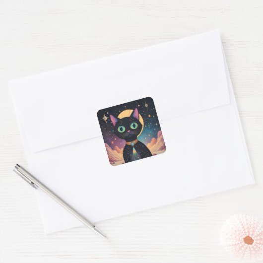 月明かりの中で暮らす原子未来的な宇宙黒猫 スクエアシール (封筒)