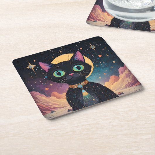 月明かりの中で暮らす原子未来的な宇宙黒猫 スクエアペーパーコースター (アングル)