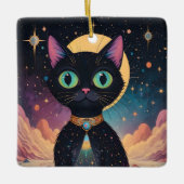 月明かりの中で暮らす原子未来的な宇宙黒猫 セラミックオーナメント (正面)