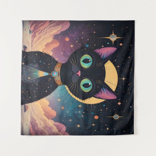 月明かりの中で暮らす原子未来的な宇宙黒猫 タペストリー (正面(横))