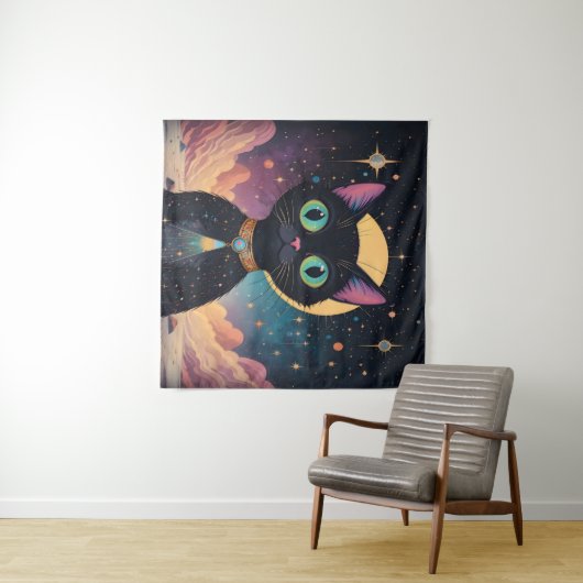 月明かりの中で暮らす原子未来的な宇宙黒猫 タペストリー (インサイチュ(横))