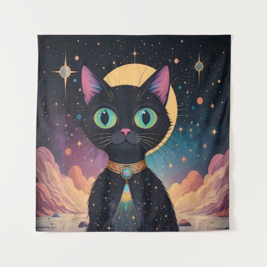 月明かりの中で暮らす原子未来的な宇宙黒猫 タペストリー (正面)