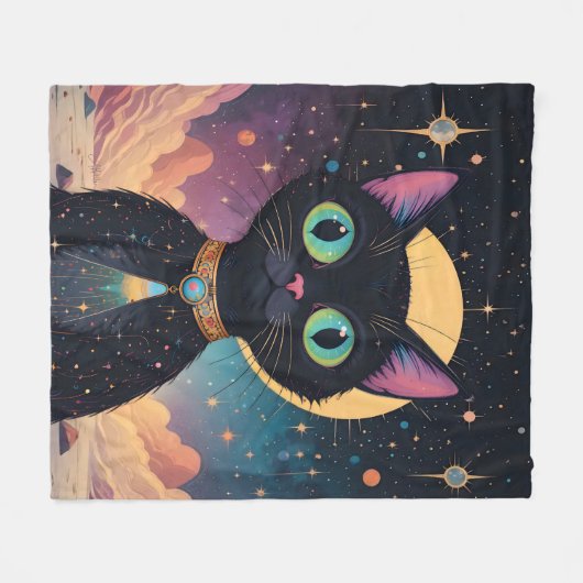 月明かりの中で暮らす原子未来的な宇宙黒猫 フリースブランケット (正面(横))