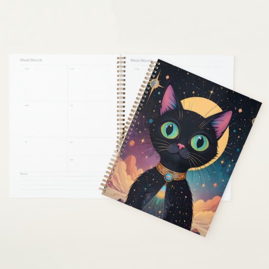 月明かりの中で暮らす原子未来的な宇宙黒猫 プランナー手帳 (ディスプレー)