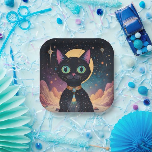 月明かりの中で暮らす原子未来的な宇宙黒猫 ペーパープレート (パーティー)