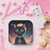 月明かりの中で暮らす原子未来的な宇宙黒猫 ペーパープレート (パーティー)