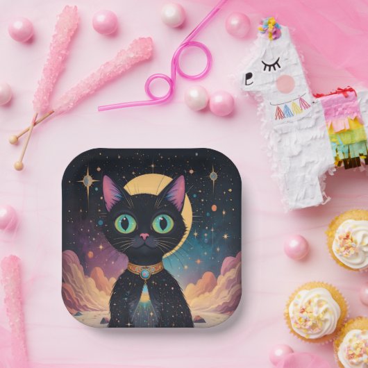 月明かりの中で暮らす原子未来的な宇宙黒猫 ペーパープレート (パーティー)