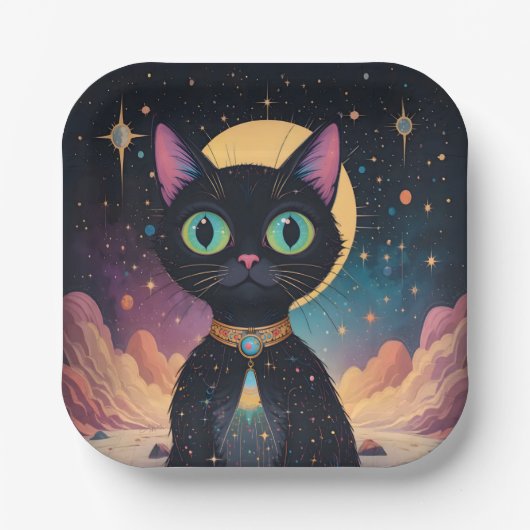 月明かりの中で暮らす原子未来的な宇宙黒猫 ペーパープレート (正面)