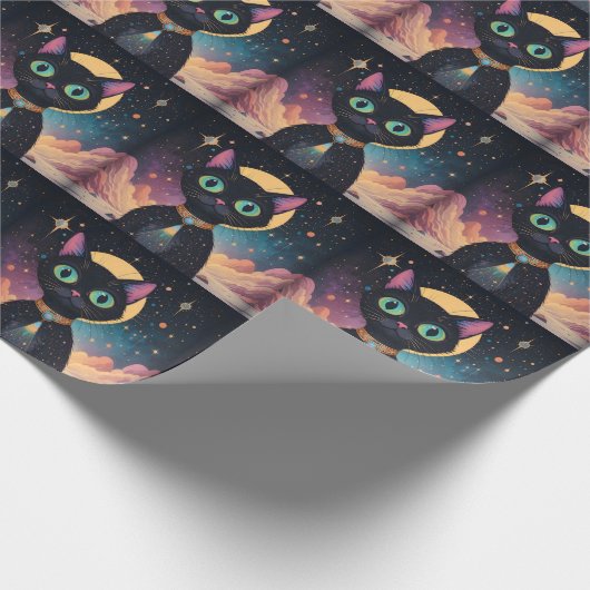 月明かりの中で暮らす原子未来的な宇宙黒猫 ラッピングペーパー (角)