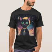 月明かりの中で暮らす原子未来的な宇宙黒猫 Tシャツ (正面)