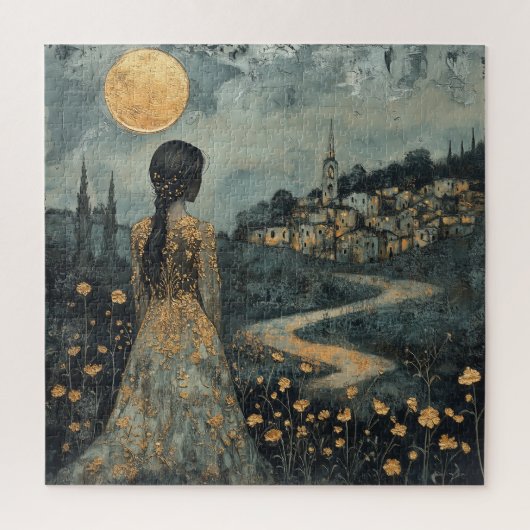 月明かりの中で街を見下ろす女性 ジグソーパズル (縦)