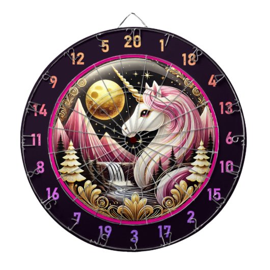 月明かりの中に立つピンク誇りを持ったのユニコーン ダーツボード (正面)